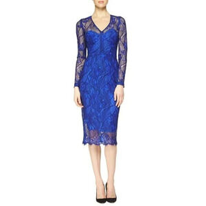 Lela Rose Blue Black Floral Lace Midi Dress $2495